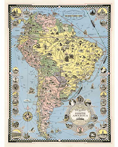 Artery8 1942 Ernest Dudley Chase Pictorial Map South America Extra Large XL Wall Art Poster Print Karte Südamerika Wand Poster drucken
