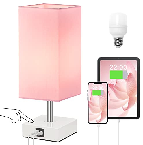 Ambimall Touch Control Table Lamp with 2 USB Charging Ports, 3 Way Touch Lamps Beside Desk, Nightstand Lamp for Bedrooms Living Room, Pink Shade with White Base, LED Bulb Included(Pink)