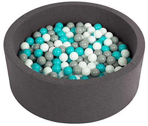 SELONIS Piscine À Balles 90X30cm/200 Balles Ronde en Mousse pour Bébé Enfant, Gris Foncé: Gris/Blanc/Turquoise