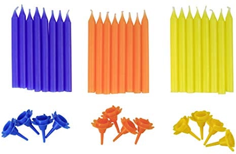 Dr. Oetker Maus-Kerzen DieMaus, farbige Geburtstagskerzen, Farbkerzen für Kuchen und Torten, hochwertige Kuchenkerzen (Farbe: Orange, Blau, Gelb), Menge: 1 x 24 Kerzen, 1 x 12 Halter