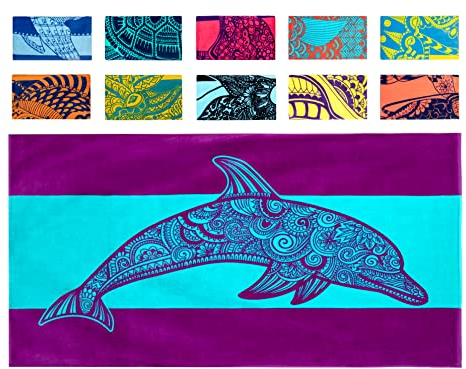 Nova Blue Delphin Strandtuch – tropische blaue & violette Farben mit einzigartigem Design, extra groß, XL, Pooltücher (86,4 x 160 cm) aus 100% Baumwolle