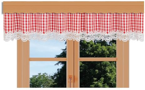 kollektion MT Querbehang Hannah mit Vogtländischer Spitze – hochwertige Landhaus-Gardine rot-weiß kariert | rustikaler Baumwollstoff Blickdicht | Volant mit Reihband Höhe x Breite 30 x 120 cm