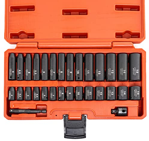 NEIKO 02481A 1/4 Drive Impact Socket Set | 30 Piece | Metric Sizes 4 – 15 MM | Deep and Standard Shallow Sockets | Chrome Vanadium Steel | 3/8” to 1/4” Reducer | Hex Shank Socket Impact Adapter