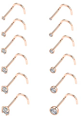 12 STÜCKE 20 G Nasenschraube Ohrstecker Rose Gold Nase Nasenloch Ring Nasenschraube 316L Chirurgenstahl Nasenpiercing Schmuck Nasenloch Tragus Knorpel Helix Conch Ohrstecker für Frauen Männer