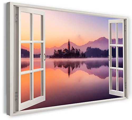 Printistico Impression sur toile (100x70 cm) vue depuis la fenêtre - paysage lacustre nature lever du soleil église - photographie nature, cadre en bois véritable avec crochet,