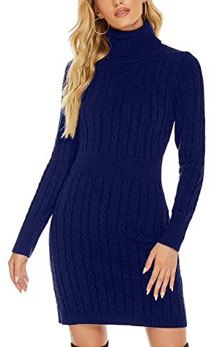 QUNERY Vestito Donna Invernale Elegante,Abito in Maglia Manica Lunga Collo Alto per Autunno,Vestiti Maglione Elasticizzato Casual A-Blu L