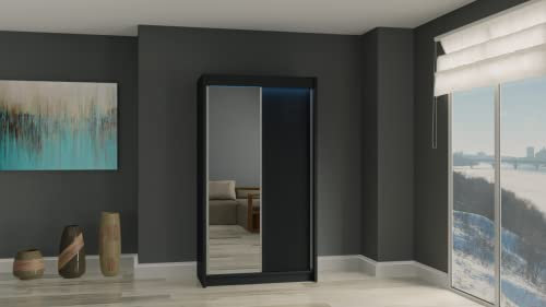 ALTDECOR Kleiderschrank mit Spiegel und Schiebetüren, kugelgelagerte Führungsschienen und Aluminium-Leisten, LED-Beleuchtung (weiß + 16 Farben) und Fernbedienung - Parti - 120 cm Schwarz