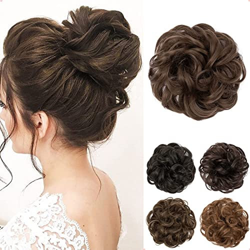 JJstar Chignon Postiche Cheveux Grande Postiches Bouclés Ondulés Chouchou Cheveux Naturel Faux Chignon Elastique pour Femmes Fille(Marron moyen)