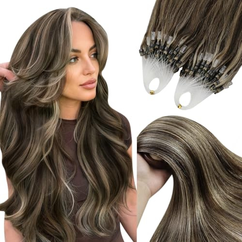 YoungSee Microring Extensions Echthaar Highlight Kaltverfahren Unsichtbar | Echthaar Extensions Microring Dunkelbraun Highlight Karamellblond,Micro Ring Hair Extensions,Leicht,für Büro,35cm 50g P4/27
