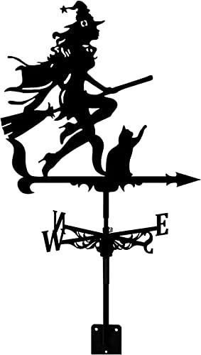 Wetterfahne für den Garten Wetterfahne mit Hexen- und Katzenmuster,Metall-Wetterfahne mit Windrichtungsanzeige (Farbe:Schwarz,Größe:M)