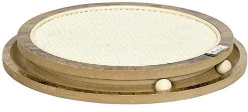 PawHut Kratzbrett mit Ball, Interaktives Katzenspielzeug aus Holz, Kratzpappe aus Sisal, Kratzmatte, Kratzschutz für Sofa, Braun+Cremeweiß, Ø40 x 4,5 cm
