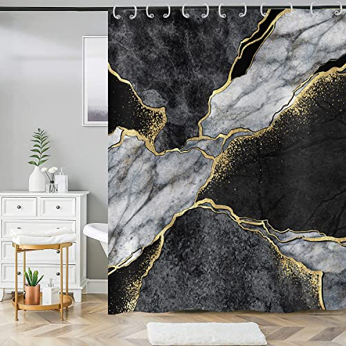 ASDCXZ Duschvorhang Marmor 180x200 cm, Modern Schwarz Grau Gold Natur Marmor Optik Textur Waschbar Bad Duschvorhänge Wasserdicht Polyester Textil Duschvorhang für Badewanne mit 12 Duschvorhang Hake