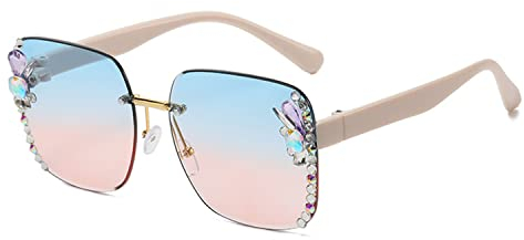 LAKEMON Randlose Diamant-Sonnenbrille für Damen, übergroße Diamant-Sonnenbrille mit Farbverlauf, beliebte Damen-Sonnenbrille mit großem Rahmen (Blue-Pink)