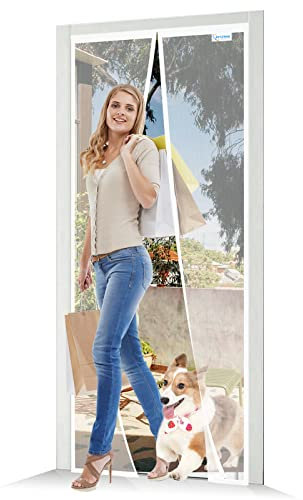 JOY2SEE Meet Beauty Magnetic Fly Screen Balcony Door, Upgraded Version Fly Screen Door, White Magnetic Curtain, Insect Protection, No Drilling Required, 145 x 215 cm