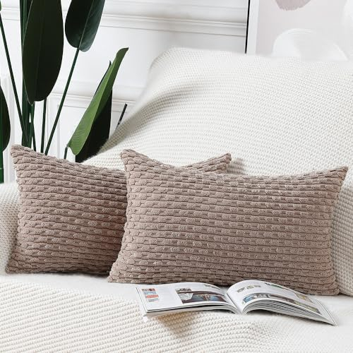 Madizz Lot de 2 Housses de Coussin en Velours côtelé rayé Boho Housse de Coussin décorative Douce pour canapé Chambre à Coucher Marron 30 x 50 cm