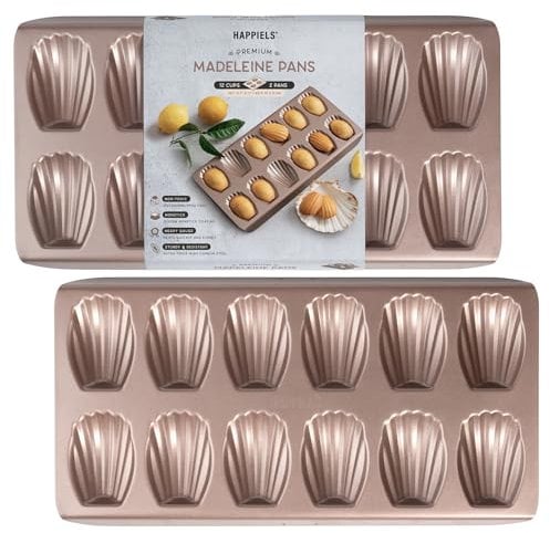 HAPPIELS Non Toxic Nonstick Madeleine Pan 12 Well Set of 2 (24 wells) | Non Stick Nontoxic Madeleines Pans for baking | Madeleine Cake Cookie Mold | Madeleine tray for oven | French tin 12