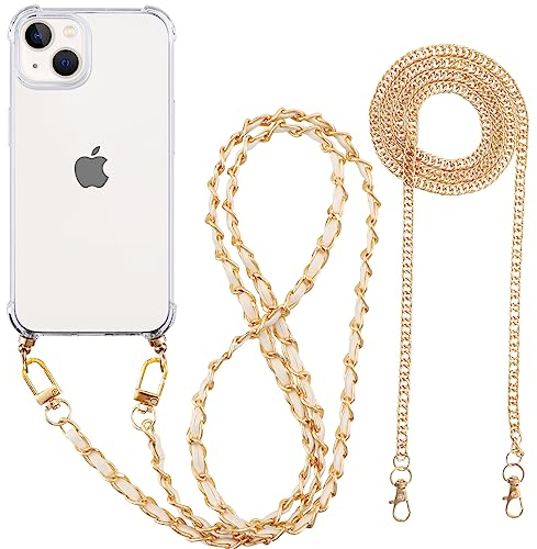 Pnakqil für iPhone 12 Mini Hülle mit Band und Kette, Handyhülle Transparent mit [2 Stück] Handykette zum Umhängen Kordel Necklace, Weiche TPU Stoßfest Schutzhülle Case, Gold & Weiß