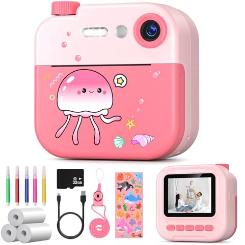 Sofortbildkamera Kinderkamera,Kamera Kinder DigitalKamera 2.4 mit Druckpapier & 32G Karte,Geschenke für Mädchen Jungen 3-12 Jahren (Rosa)