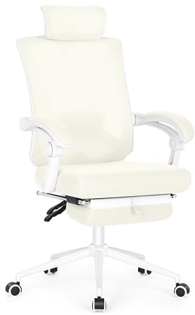 Misolant Ergonomischer Bürostuhl mit Fußstütze, ergonomischer Schreibtischstuhl mit verstellbarer 2D-Lendenwirbelstütze, Computerstühle mit hoher Rückenlehne und verstellbarer Kopfstütze, Beige