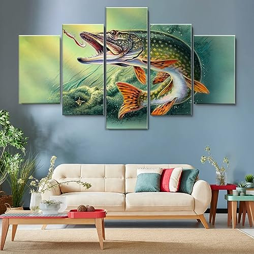 WAGYU Mit Rahmen Leinwandbild 5 TLG Kunstdruck,Bilder auf Leinwand 5 TLG Vlies Wandbild Angeln auf gehakten Hecht,Leinwand Gemälde xxl,Tapete,Puzzle,leinwanddrucke,5 Stücke Bilder,125x60cm