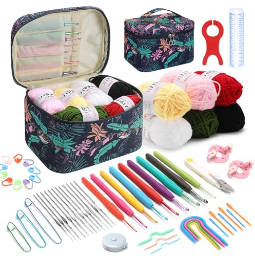 Aceshop Juego de 60 Crochet Kit para Adultos Principiantes, Ganchillos Crochet Ergonómico Agujas Crochet Incluye 0.6mm-6.0 mm Agujas Ganchillo Kit de Ganchos de Ganchillo con Bolsa Regalo de Invierno