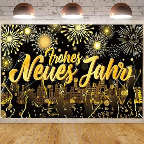 Silvester Deko 2024 Neujahrs Banner,Frohes Neues Jahr Banner,Schwarzes Gold Deutschen Silvester Banner,2024 Silvester Dekorationen,für Neujahr Innen Außen Deko,180x110cm