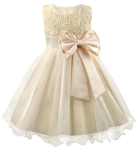 Discoball Girl Dress Princess Party Clothing Holiday Girls Dresses, 3D Rose Flower, Bow Sequins Tulle Dress Up for Kids Champagne Gold