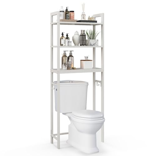 COSTWAY Over Toilet Storage Unit, Freestanding Bathroom Shelf Space Saver with 3-Tier Mesh Shelves and 3 Hooks, Metal Frame Tall Over The Toilet Rack Washing Machine Organizer Stand (White)