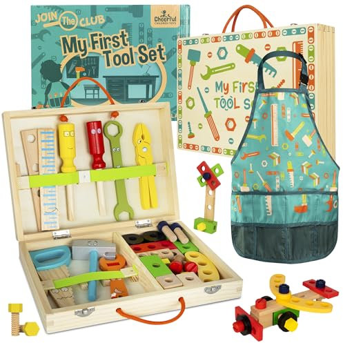 Cheerful Children Toys High-Grade Kids Tool Set, 36 Pcs Wooden Tool Set for Kids 3-7, Include Portable Tool Box & Adjustable Apron , DIY Gift for Young Builders, Play Tools for Creativity & Fun