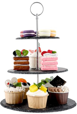 VIDETOL Schiefer Etagere 3 Etagen, Round Tortenständer, Cupcake Ständer 3 Stöckig, Servierständer Dessert Ständer für Kuchen, Desserts und Obst