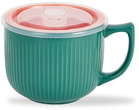 Hoilse Ceramic Soup Bowl with Handle – Large 900ml Microwave Soup Mug with Lid, Soup Container & Cup for Cereal, Oatmeal, Ramen, Noodle, Porridge, Housewarming Gift - (Green)