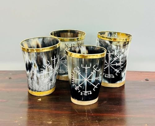 Nautical Replica Hub Viking Mug Horn Drinking Cup Handmade Natural Shot Glass for Beer Ale Mug Medieval Cups Set of 4 Norse Decor war Stein Tradesmen Prop Wine Drinking Carved