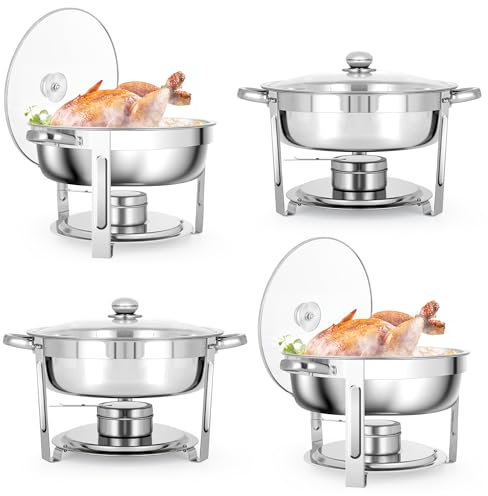 Rengue 5 QT Chafing Dishes, 4 Pack Premium Stainless Steel Complete Set, Round Chafing Dish Buffet Set, Heating and Cooling Chafing Dish for Gatherings Banquets, Buffets, Parties, Weddings