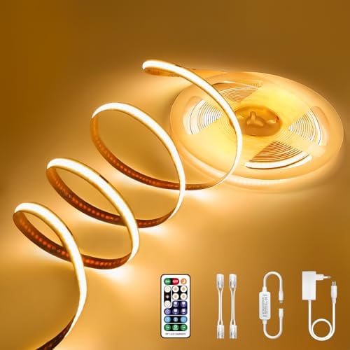 COB LED Streifen 5M Warmweiss mit Zeitschaltuhr, COB LED Strip 3000K Dimmbar, Lichtleiste LED Selbstklebend 24V IP44 Wasserdicht, LED Litchband mit Fernbedienung und Netzteil Unterbau TV Küche