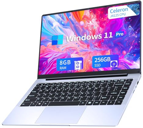 Ordenador Portátil Win11 Pro Celeron J4125 PC Portátil 14.1 Pulgadas FHD Pantalla IPS (8GB LPDDR4 RAM 256GB SSD Laptop), PC Portatil Convertible 180°, BT5.0, USB3.0, Protege el teclado español
