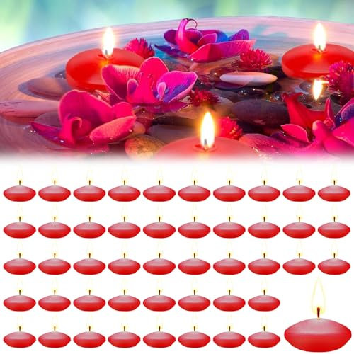 Hengrongshen 50 Stück Schwimmkerzen Rot, 3.5 cm Schwimmkerze Duftlose, Rauchfrei & Tropffreie, Wasserkerzen für Valentinstag, Erntedankfest, Hochzeit, Urlaub, Partys und Heimdekoration (Rot)