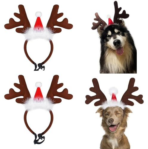 XineYuor 2PCS Bandeau de Noël pour Animal de Compagnie,Chien Chat Serre Tete Noel,Cadeau de Noël pour Chien Chat,Réglable Couvre-Chef de Wapiti avec Bonnet de Noel Accessoires pour Animaux de noël