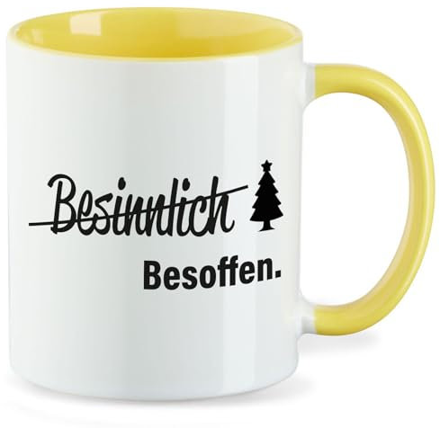 Huuraa Kaffeetasse Besinnlich Besoffen Tannenbaum Coffee Cup Gelb 330ml mit Weihnachts Motiv