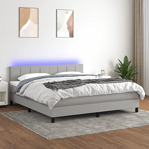 Keyroto Boxspringbett 180x200 Boxspringbett Einzelbett Boxspringbett mit Matratze & LED Stoff Hellgrau 180x200 cm