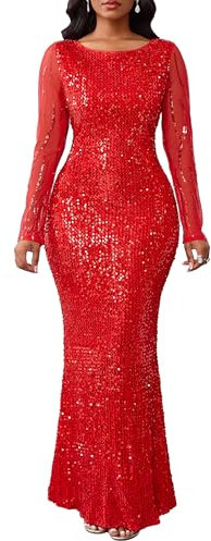 VERWIN Women's Sequins Bodycon Round Neck Long Sleeve Sparkly Mermaid Maxi Dress Casual Party Cocktail Evening Gown L Red