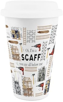 Purely Home Scaffolder Ceramic Travel Mug - Novelty Tradies Gifts/New Job Presents - Reusable Silicone Lid Double-Walled Insulated Hot/Cold Drinks Cup