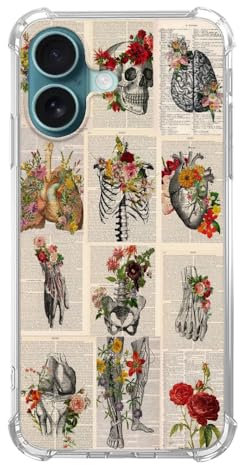 Vusbvelnot Body Anatomy Blumen Hülle Kompatibel mit iPhone 16, Schädel Zeitung Ästhetische Handyhülle für iPhone 16, Coole TPU Bumper Handyhülle
