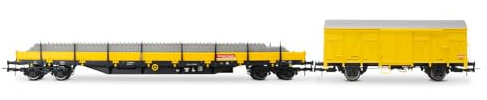 Rivarossi HR6647 DB Bahnbau, 2er Pack Wartungswagen, Res beladen mit Schwellen + Gs, gelbe Lackierung, Ep. V-VI, Waggonfahrzeuge