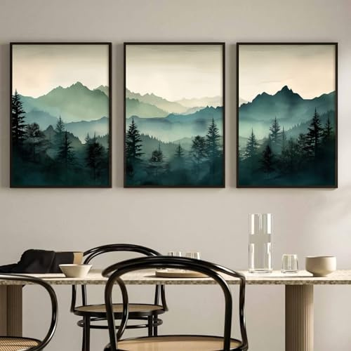 Bergwandkunst-Dekor-Set, 3er-Set, Salbeigrün, Wald, Leinwand, Wandkunstdrucke, Naturlandschaft, Wanddekoration, Aquarell, Kiefernbaumbilder, abstrakte moderne Malerei für Wohnzimmer, Schlafzimmer, 61