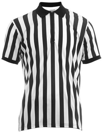 Mens Official Umpire Jersey, Black and White Striped Mens Ref Shirt Jersey Short Sleeve, Overturned Collar Referee Shirt for Football Halloween Costume