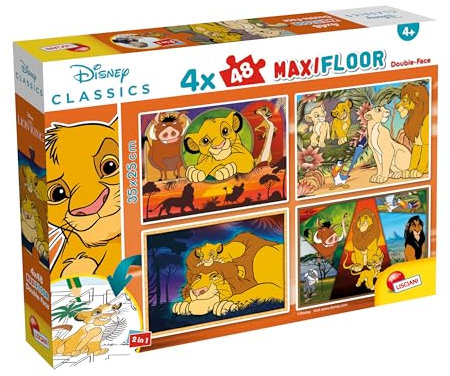 Lisciani - Puzzle Disney KÖNIG DER LÖWEN Maxifloor - 4x48 Teile - Doppelseitig für Kinder ab 4 Jahren - Rückseite mit Ausmalszenen - Format 35x25 cm - Kreatives Spiel - Geschenkidee zum Geburtstag
