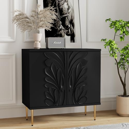 MROJISC Kommode, Buffets 3D-Blumenmuster Sideboard Schrank mit 2Tür Kommoden & Sideboards Für das Wohnzimmer Schlafzimmer-Schwarz