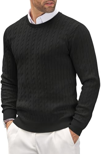 COOFANDY Men's Pullover Winter Crew Neck Slim Fit Knitted Sweater Warm Fine Knit Pulli for Men Black L