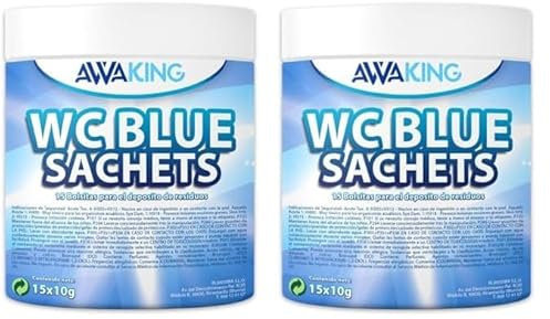 AWAKING Pastilles WC Chimique Pour Camping-Car 15 Blue Sachets | Nettoyage en profondeur et désodorise. Formule concentrée et arôme frais, réservoir d'eau noire, caravane, camping-car (Lot de 2)