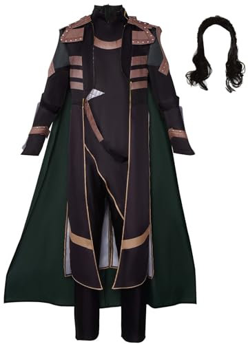 Bauxhie Loki Kostüm Deluxe Kampfuniform mit Zubehör Halloween Cosplay Outfits für Erwachsene Herren (Schwarz mit Perücke, XS)
